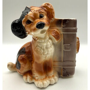 Royal Copley Puppy Dog Planter with Luggage Suitcase Skip Ceramic Vintage Vase